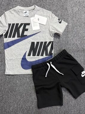 Nike Grey Tee with Blue Logo & Black Shorts